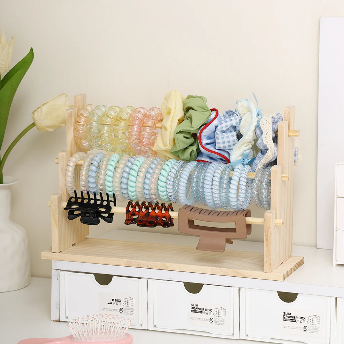 Solid Wood Hair Accessory Organizer - 2 to 5 Layer Desktop Jewelry & Hair Tie Stand