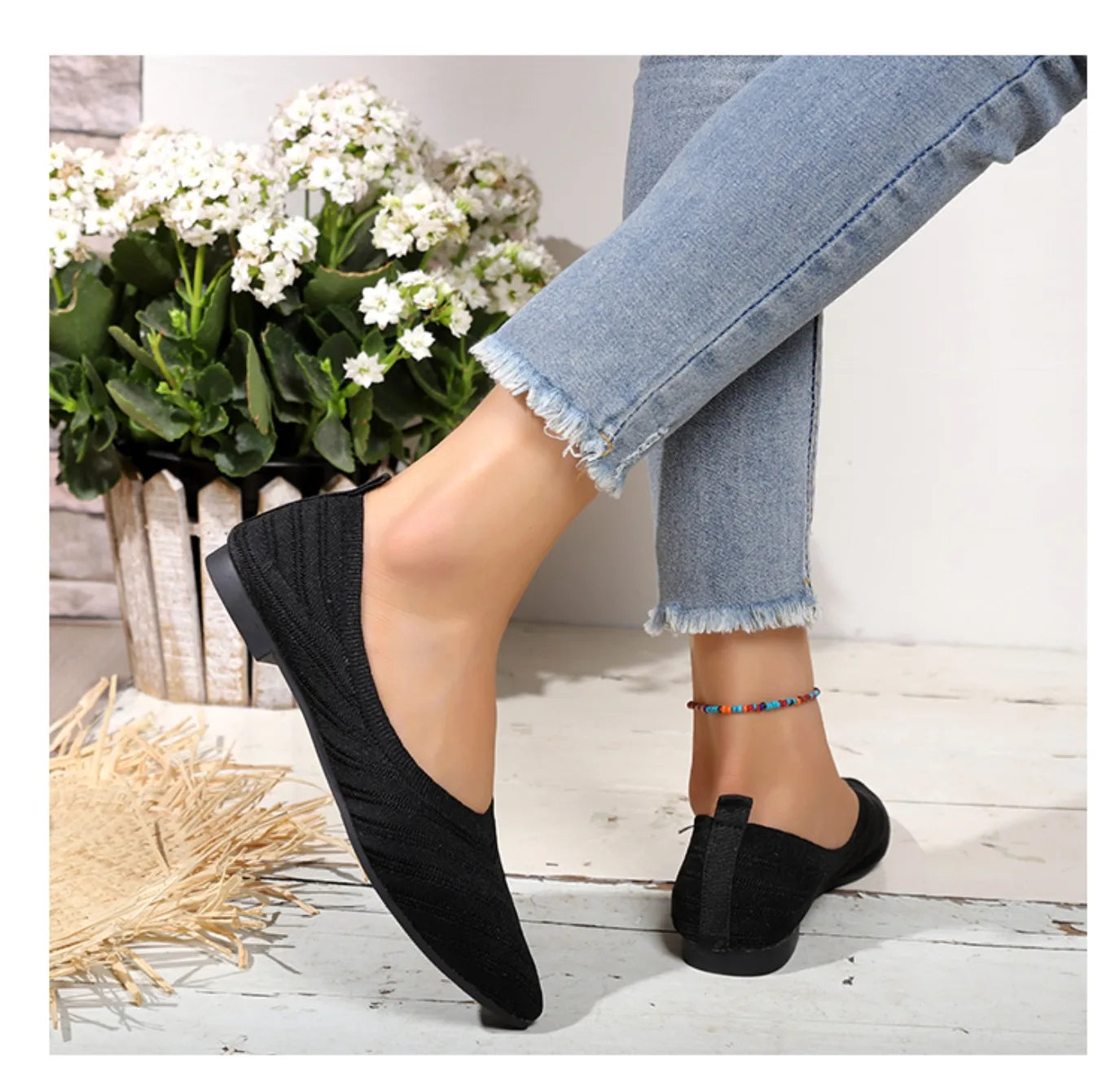 Women’s Solid Color Pointed Toe Knitted Slip-On Flats – Casual Breathable Ballet Loafers