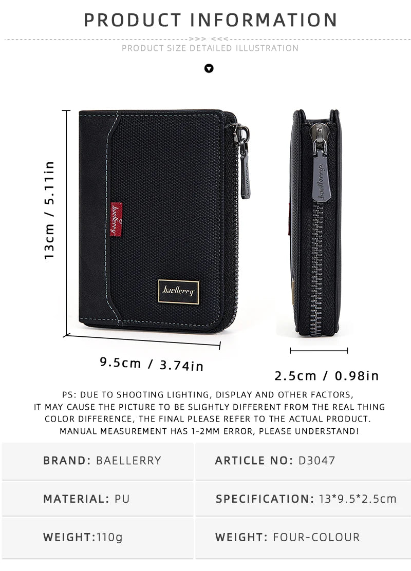 Baellerry RFID Short Men’s Wallet — Luxury Zipper Card Holder with Coin Pocket & Photo Slots