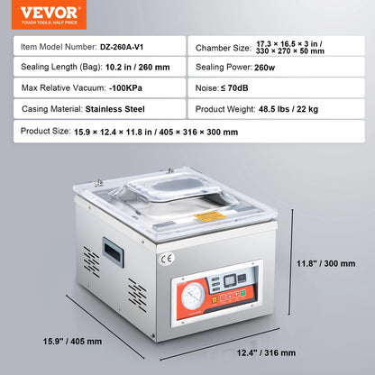 VEVOR DZ-260A Chamber Vacuum Sealer – 15.7" Sealing Machine for Home Use, Wet Foods, Meats & Marinades