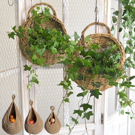 Wall Mount Rattan Flower Basket - Woven Hanging Planter Vase for Garden, Balcony & Home Decor