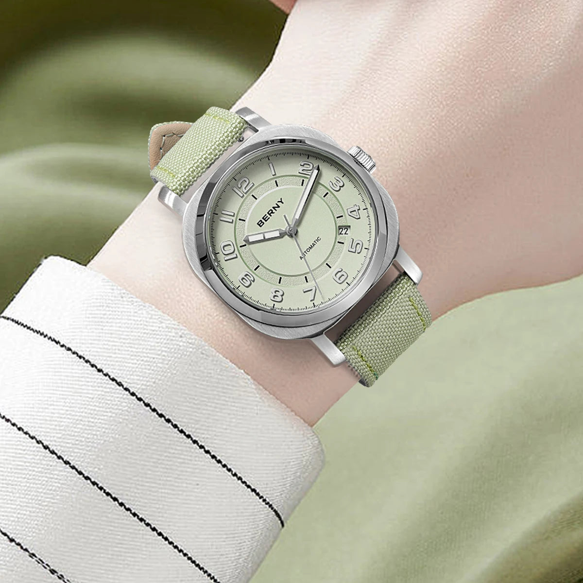 BERNY Women’s Mechanical Watch — Self-Wind Pillow Cushion Design with Sapphire Crystal, Super Luminous Display, Canvas Strap, and Calendar Function