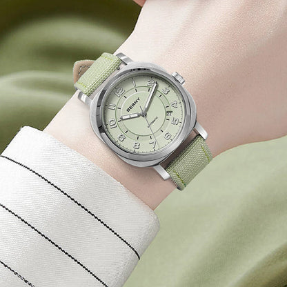 BERNY Women’s Mechanical Watch — Self-Wind Pillow Cushion Design with Sapphire Crystal, Super Luminous Display, Canvas Strap, and Calendar Function