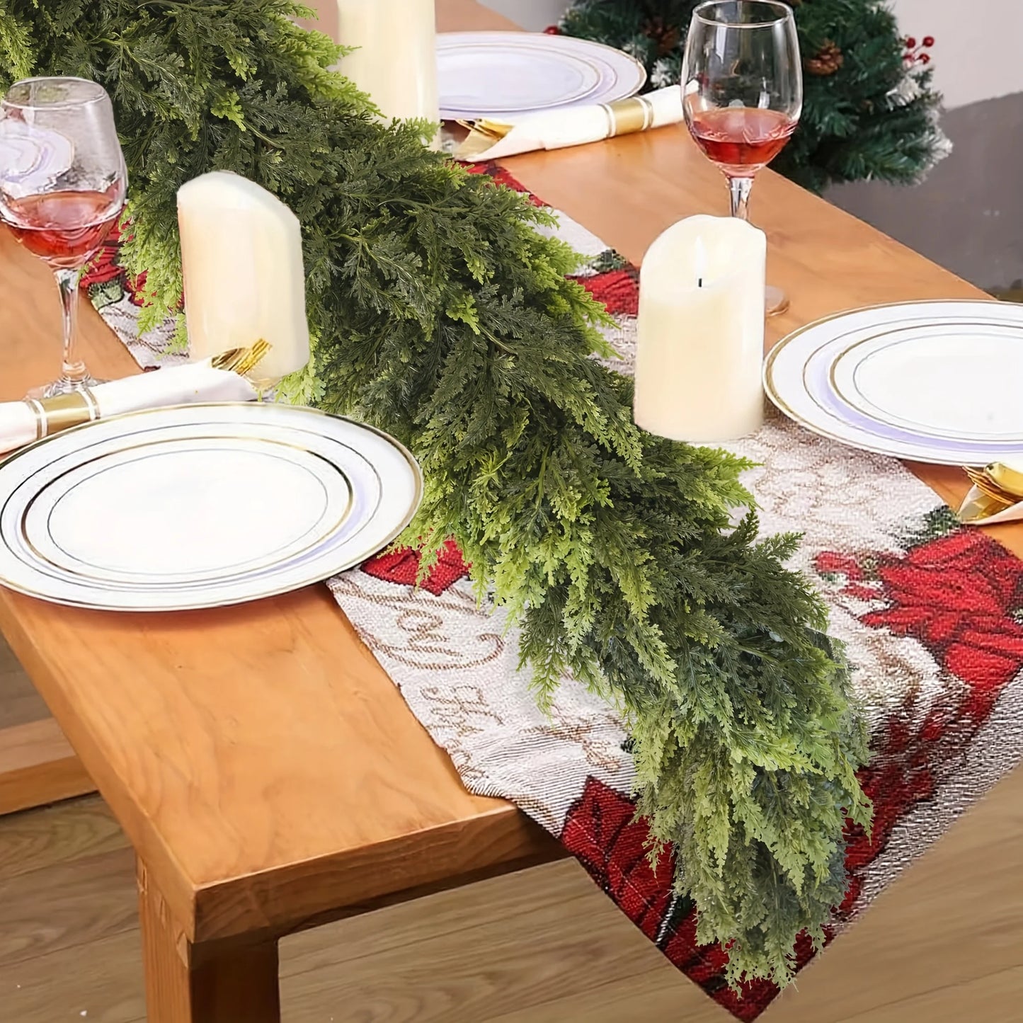 Artificial Dense Christmas Vine Wreath – Fake Norfolk Cedar Rattan Garland for Fireplace, Table, Porch Xmas Decoration