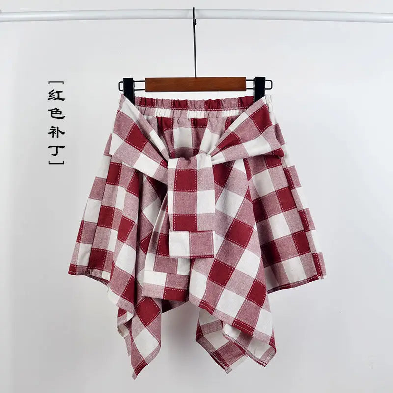 Summer Casual Retro Women’s Mini A-Line Skirt – Blue White Lattice Bow-Knot Elastic Waist Short Skirt