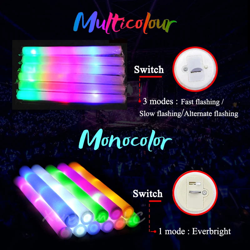 60Pcs RGB LED Glow Sticks – Colorful Foam Cheer Tubes for Dark Light, Birthday, Wedding, and Party Supplies