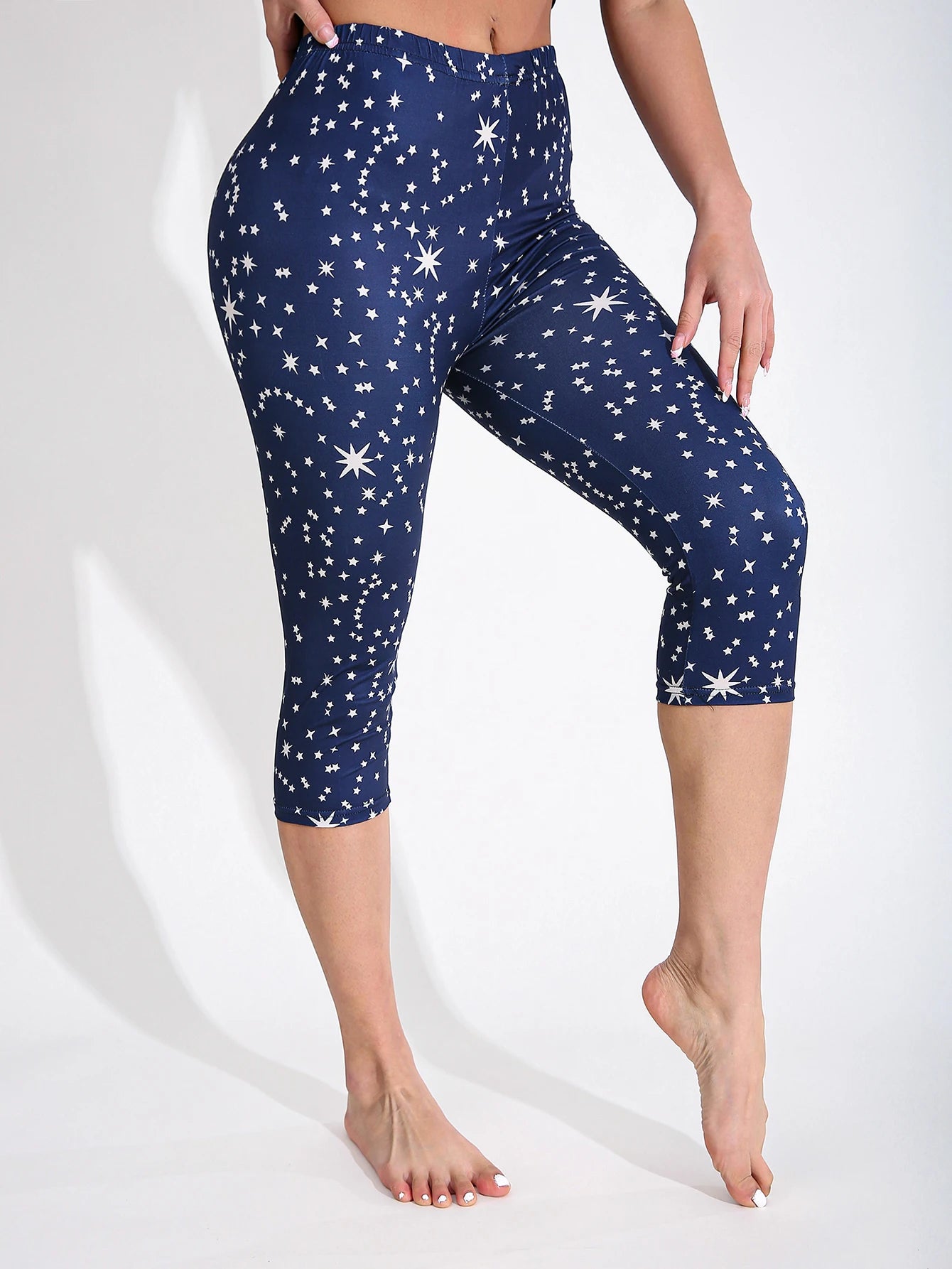 Women Starry Print High Elasticity Capri Leggings, Slim Fit Yoga Pants for Spring Summer Fitness & Active Wear