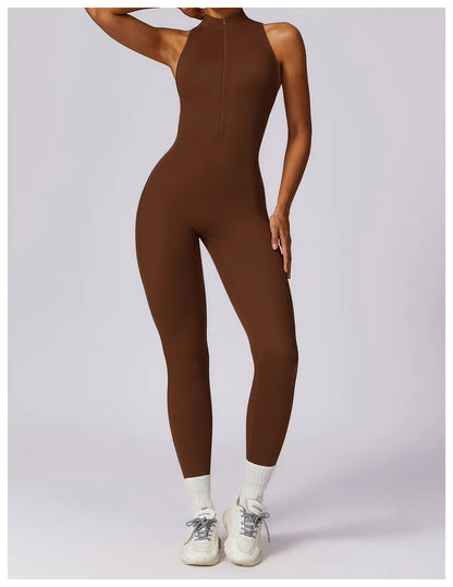 Women’s V-Back One-Piece Sports Jumpsuit — Sleeveless Yoga Romper with Zipper Workout Bodysuit