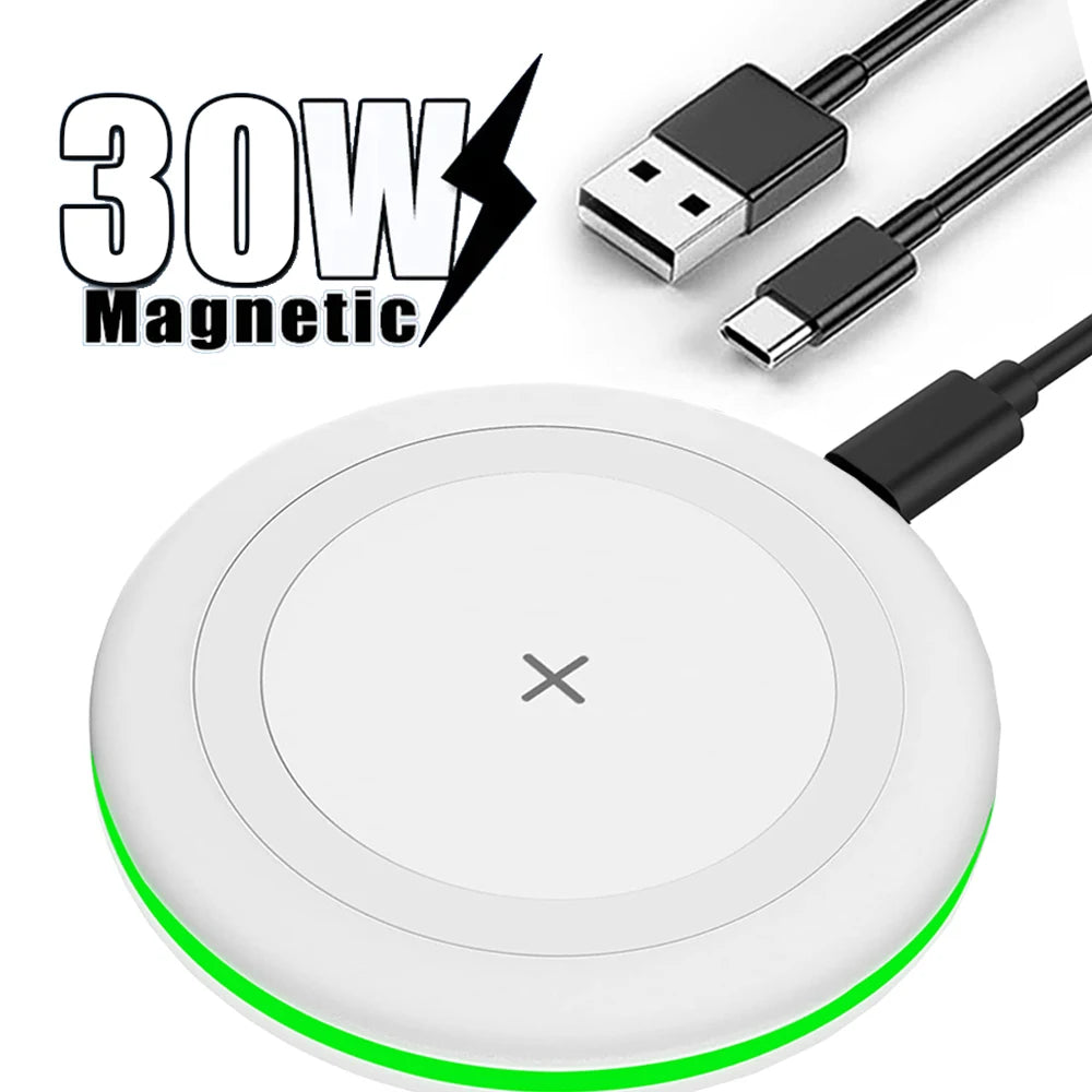 30W Wireless Charger Stand with LED Light - Fast-Charging Base for iPhone 8–17 Series, Samsung Galaxy S25/S26 and Xiaomi Devices