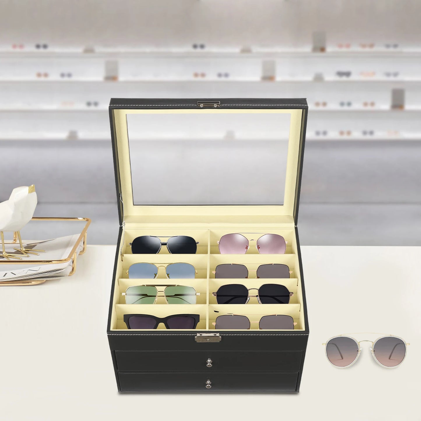 3-Layer Leather Glasses Organizer with Drawer – 24 Slot Sunglasses Display & Storage Case Rust-Resistant