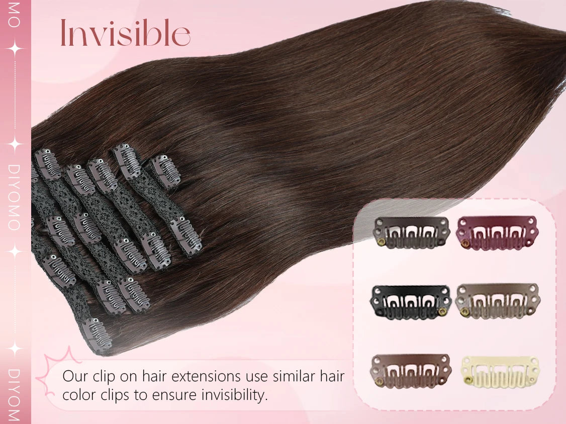 Natural Black Straight Human Hair Extensions - 7-Piece PU Clip-In Invisible Weft Set 116g