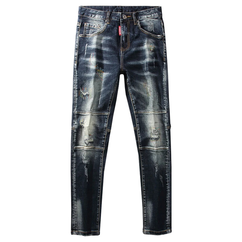 Streetwear Men’s Slim Fit Ripped Jeans – Retro Black & Blue Spliced Denim with Designer Embroidery, Hip Hop Fashion