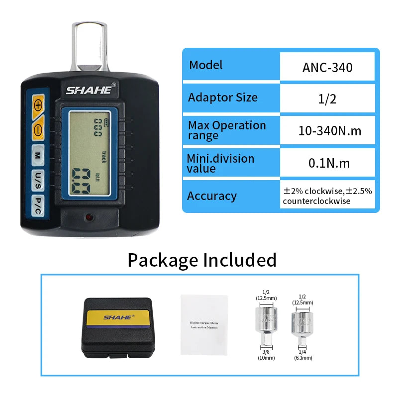 SHAHE Digital Torque Adapter 1/2" Drive with 3/8" & 1/4" Adapters - Electronic Torque Wrench for Car & Bike Repair