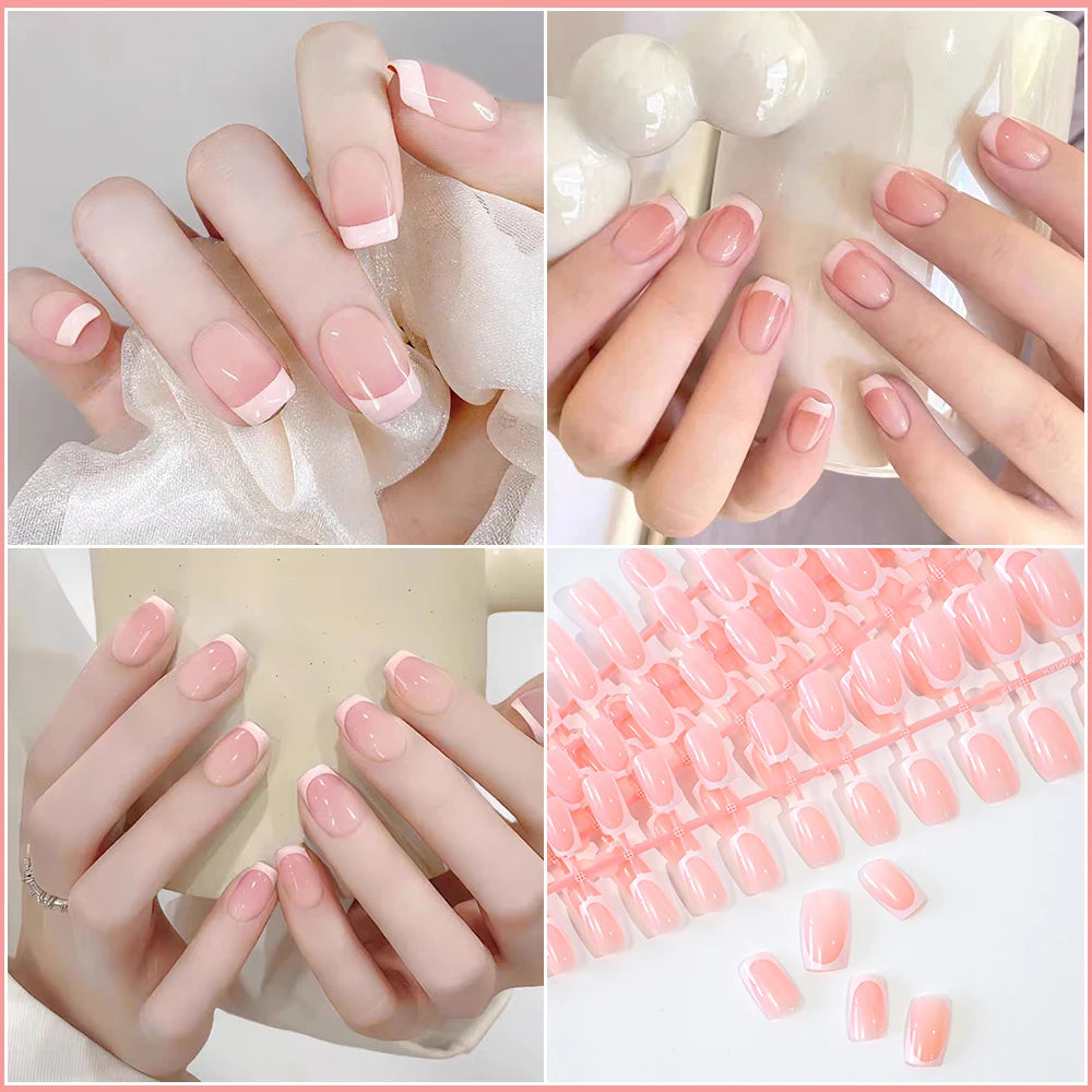 120pcs Pink French Press On Nails - Glossy Short Square Coffin Full Cover Acrylic Nail Tips