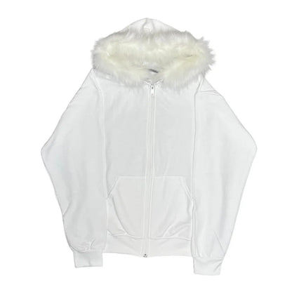 Y2K Zip-Up Hoodie with Faux Fur Collar – Harajuku Rock Goth Retro Punk Loose Jacket for Hip Hop Streetwear