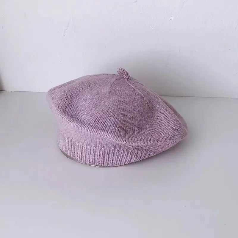 Flower Baby Beret Hat – Winter Warm Knitted Beanie for Infant & Toddler Girls, Korean Princess Artist Painter Cap Solid Color