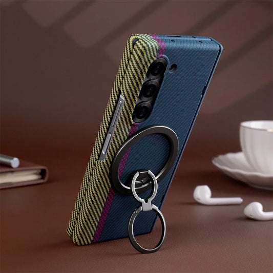 Carbon Fiber Magnetic Phone Case - Slim Shockproof Cover with Ring Holder Kickstand for Samsung Galaxy Z Fold 7/6/5/4/3 5G