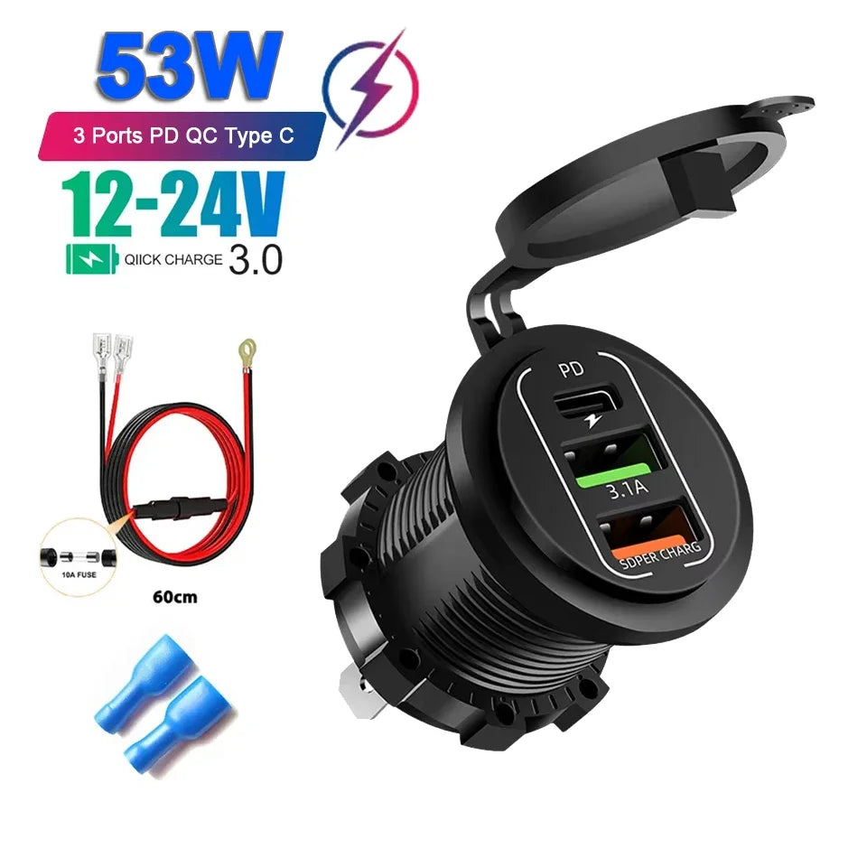 Car USB Fast Charger PD3.0 QC3.0 12/24V Socket with Voltmeter & On/Off Switch, Motorcycle Boat Auto Charging Adapter Accessory