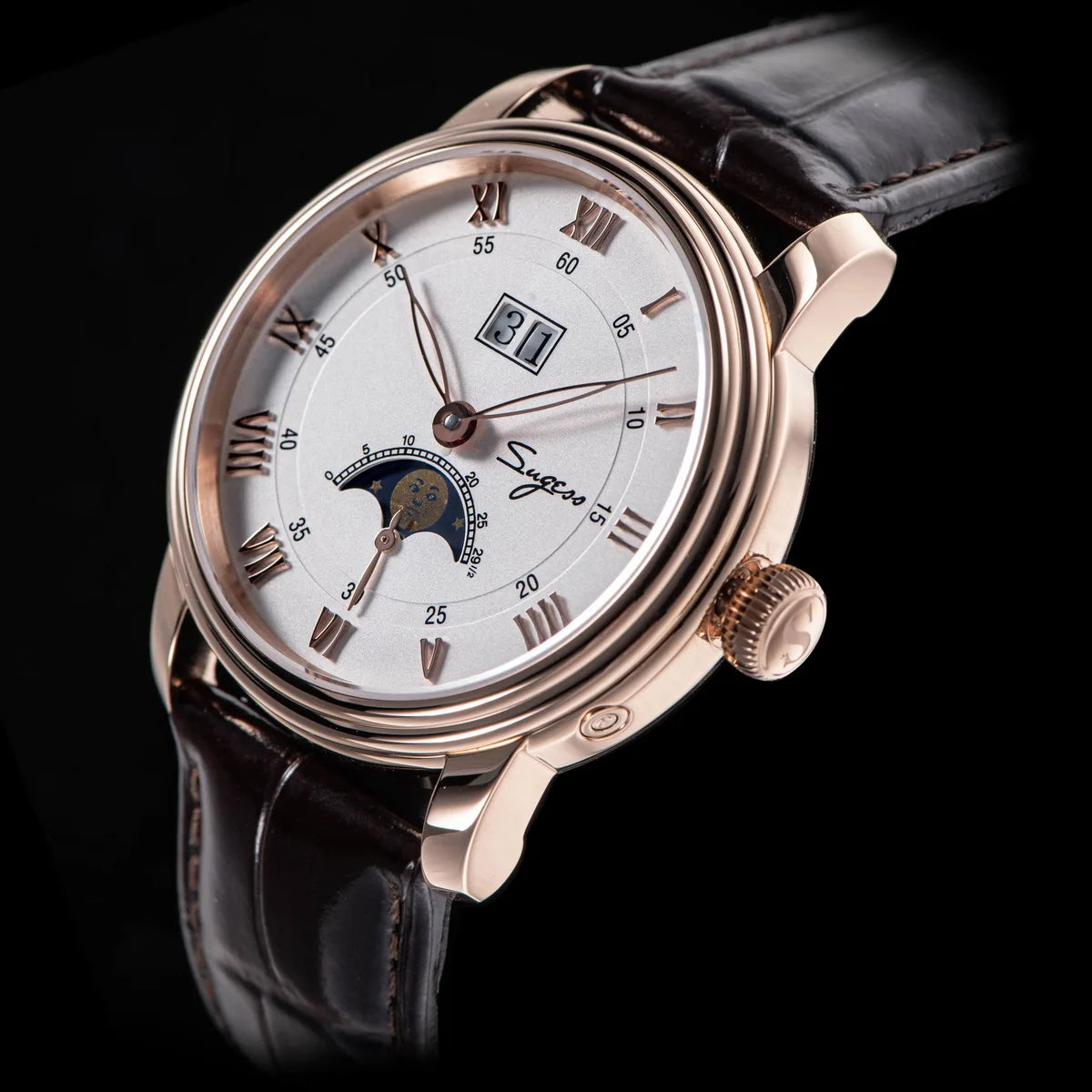Sugess Moonphase Men’s Automatic Mechanical Watch — 40MM Stainless Steel with Seagull ST2528 Movement and Blue Sandstone Dial
