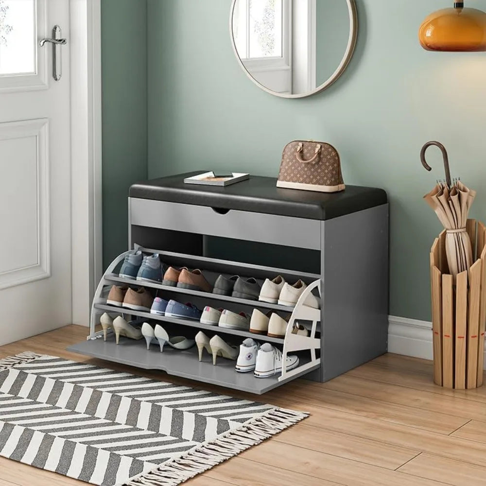 Entryway Shoe Bench with 3-Tier Rack – Wooden Sitting Stool & Multi-Function Shoe Storage Organizer