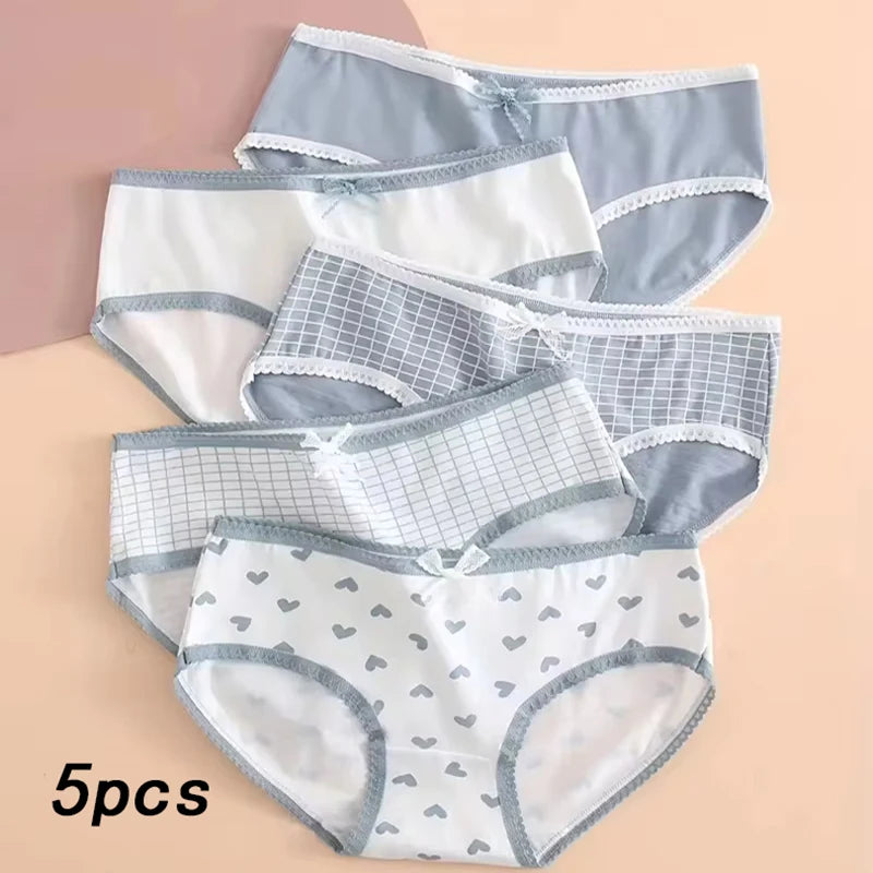 5 Pcs Women’s Soft Briefs Set - Heart Plaid Print Breathable Panties for Comfortable Everyday Intimates