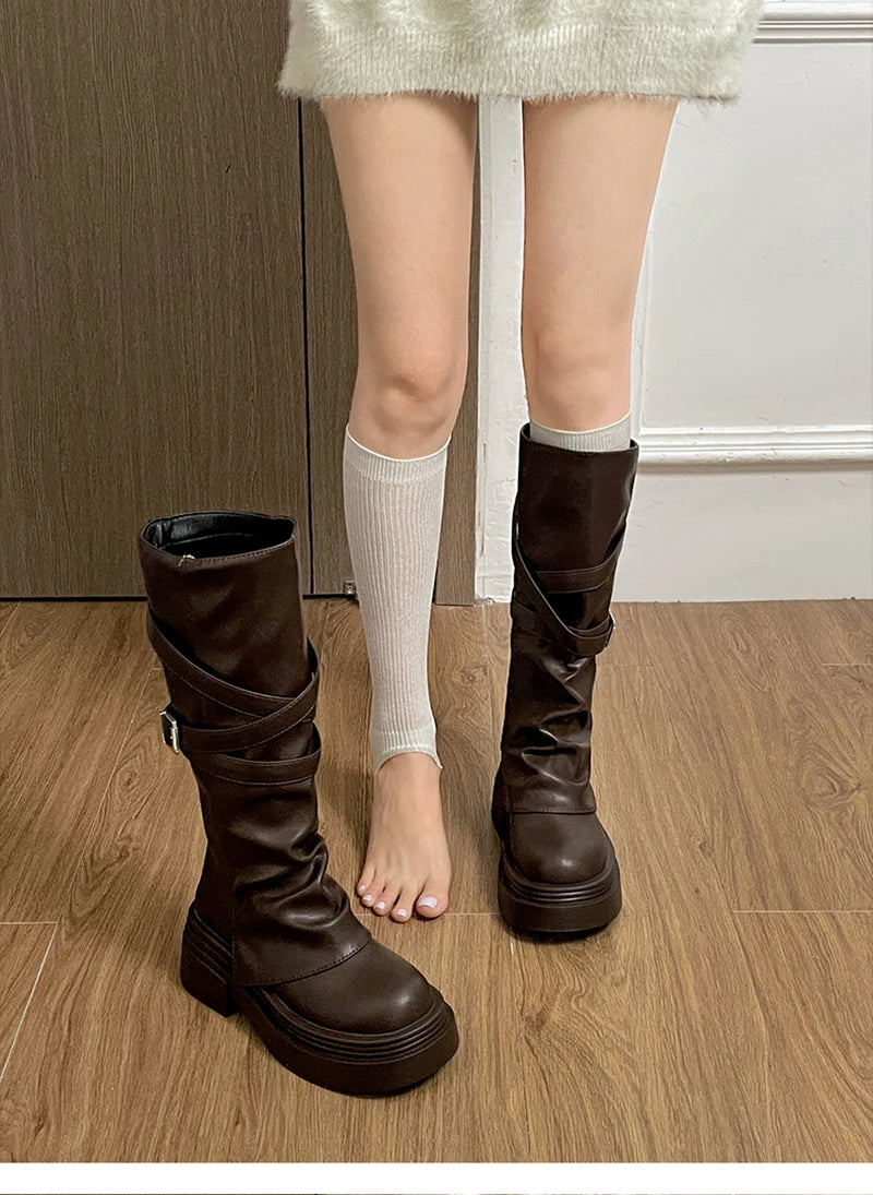 Vintage Thick Heel Women’s Knee-High Boots – Slip-On Fashion Booties for Autumn & Winter