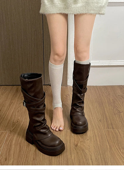 Vintage Thick Heel Women’s Knee-High Boots – Slip-On Fashion Booties for Autumn & Winter