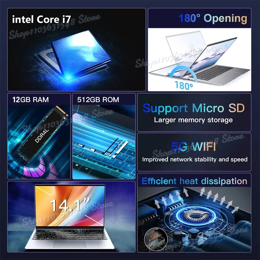 2024 Ultra Slim 14.1 Inch Intel Core i7 Laptop - i7-7500U, Windows 11, 16GB RAM, 1TB/2TB SSD, 1920x1080 Portable Notebook
