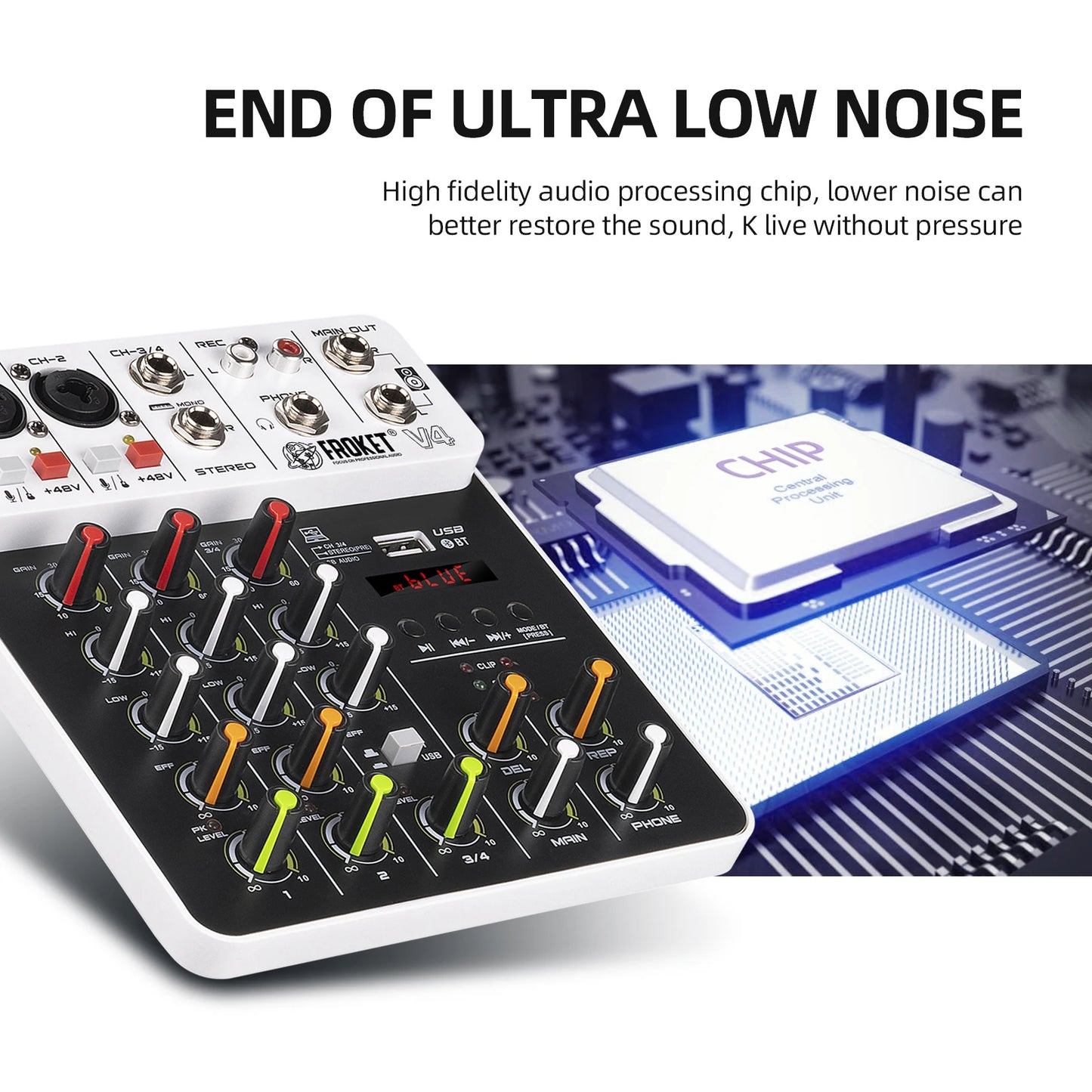 V4 4-Channel Audio Interface Mixer — USB & Bluetooth with 48V Phantom Power, Effects & Recording