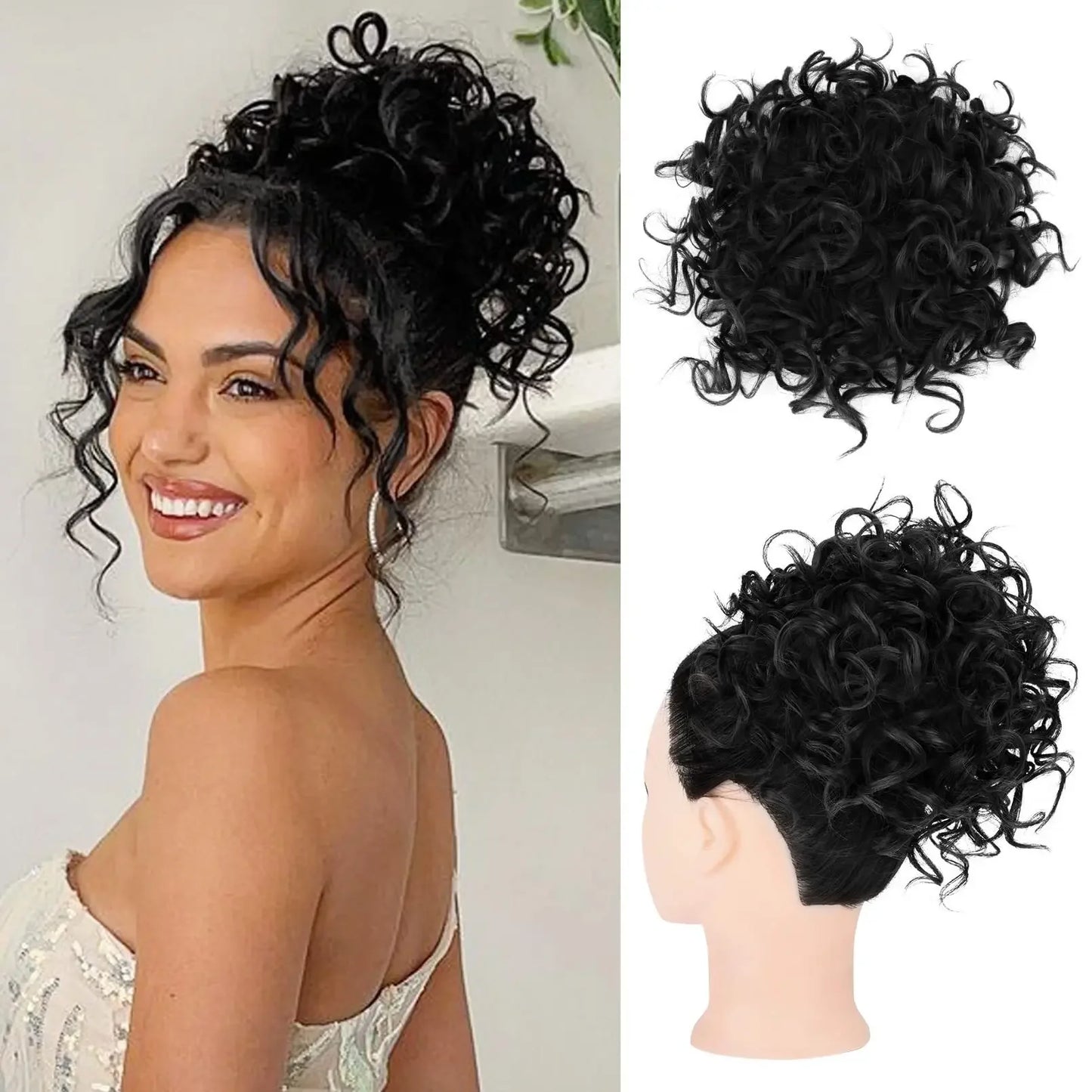 Synthetic Messy Curly Hair Bun – Short Loose Wave Updo Ponytail, Blonde Chignon Hairpiece, Heat-Resistant Extensions for Women