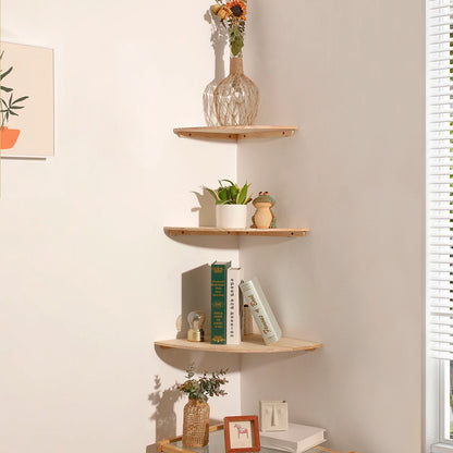 Wooden Floating Corner Wall Shelf – Round End, Wall-Mounted for Bedroom, Living Room & Kitchen