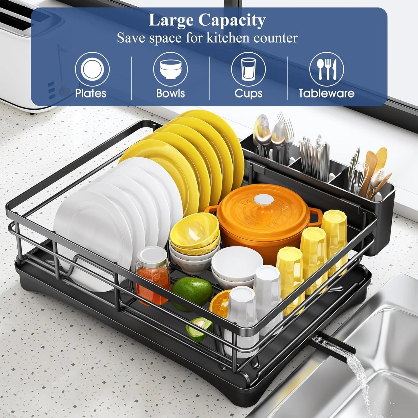 Large Kitchen Dish Drying Rack — Rustproof Dish Drainer with Drainboard & Utensil Holder for Sink