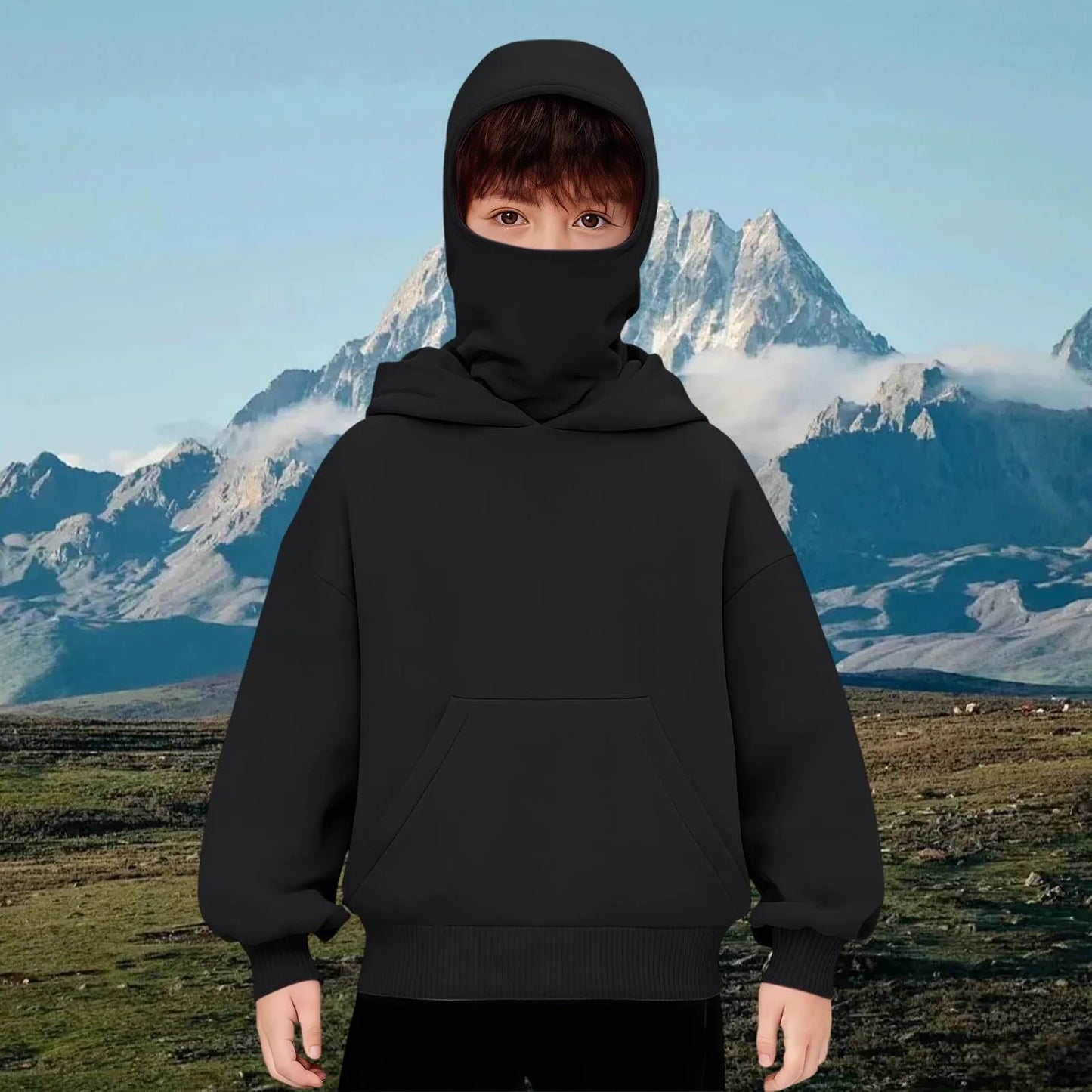 Kids Hooded Balaclava Sweatshirt - Harajuku Double Hat Long Sleeve Hoodie for Boys & Girls Ages 5-15