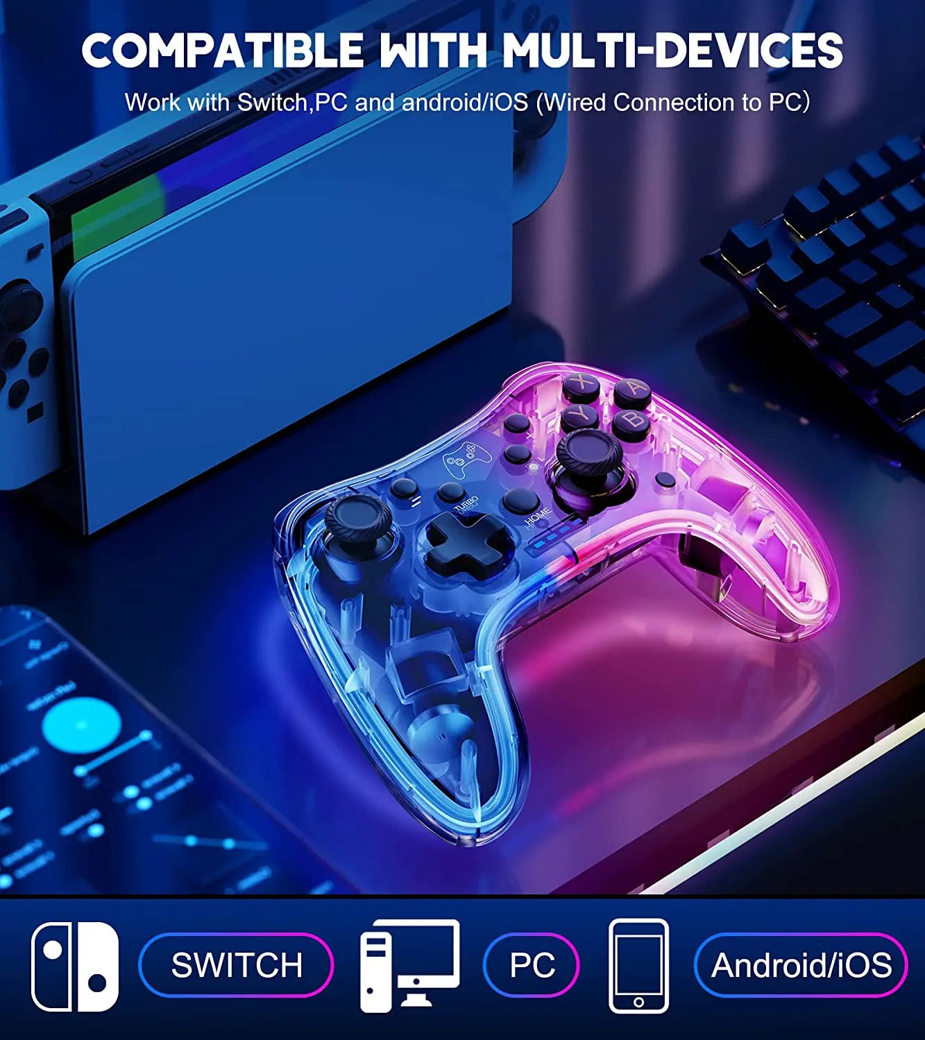 Controller 7039 for Nintendo Switch – Transparent Gamepad with RGB Lights, Turbo, Wake-Up, Multi-Platform & App Support