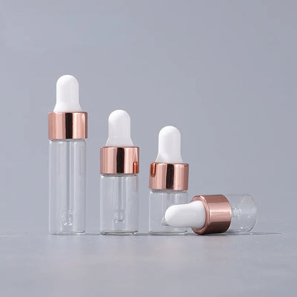 Mini Dropper Bottles - 10/20pcs Glass Empty Essential Oil Aromatherapy Bottles with Rose Gold Caps - Includes Pipettes - Various Sizes (1ml, 2ml, 3ml, 5ml)