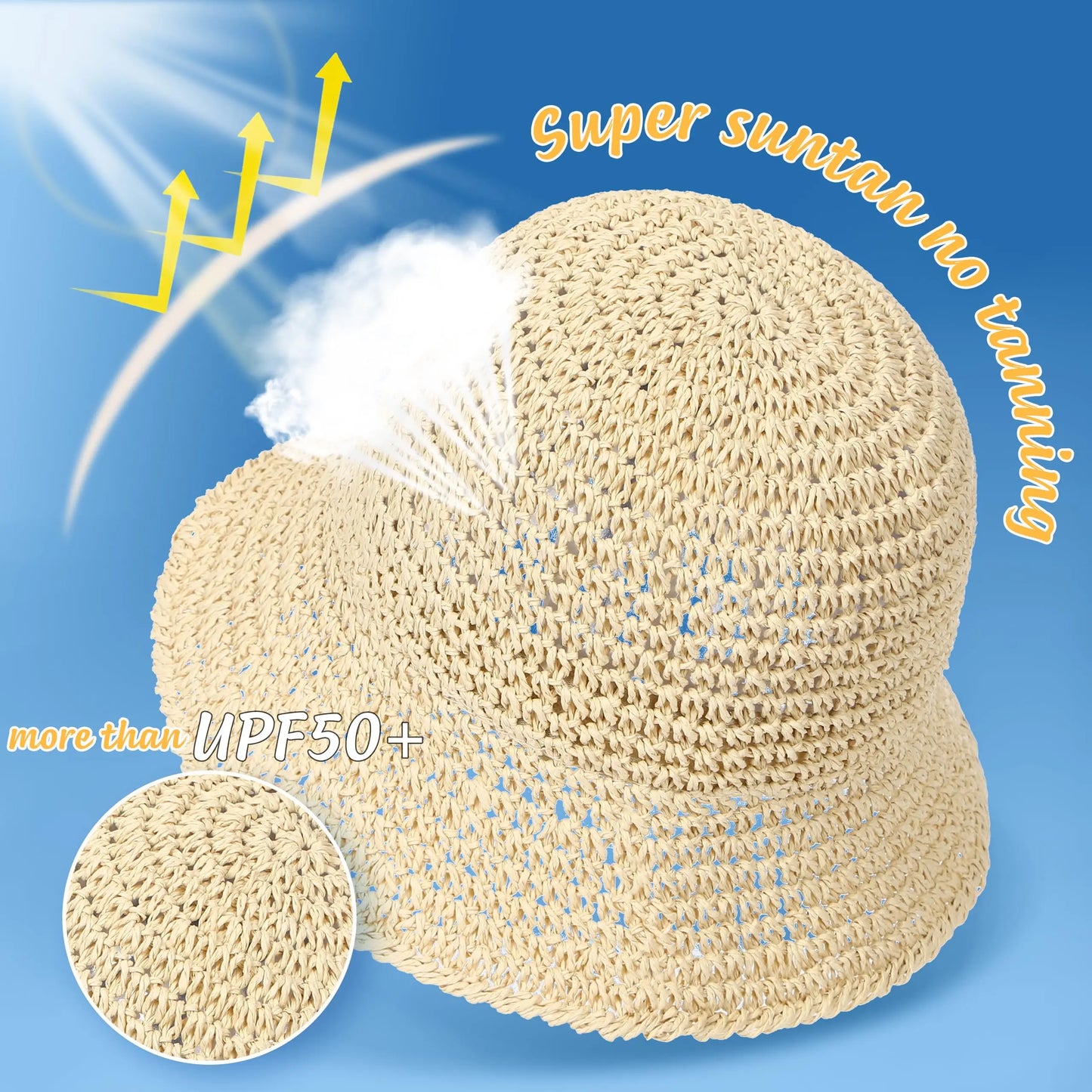 Women’s Summer Crochet Straw Bucket Hat – UV-Protect, Breathable Foldable Sunshade Cap for Beach & Outdoor Fashion