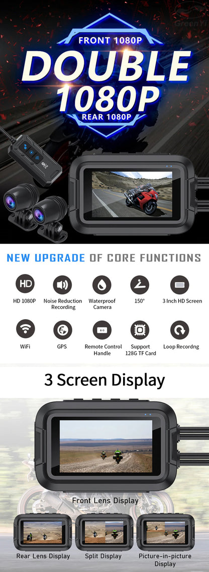 Dual 1080P Motorcycle DVR - Full Body Waterproof Camera with WiFi, GPS, Front and Rear Dash Cam Video Recorder Black Box