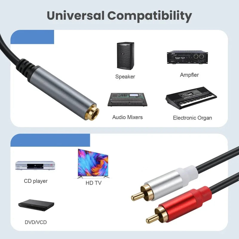 Gold Plated 6.35mm TRS Female to Dual RCA Male Audio Adapter Cable – Metal Shell Stereo 2RCA to 1/4 Inch Jack Conversion Cord