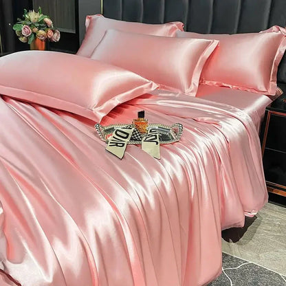 Nordic Silk Bedding Set With Duvet Cover - Luxury Solid Color Bed Sheet & Pillowcase Set For Single Double Couple Summer Bed Linen