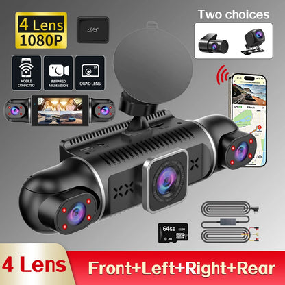 Free 64GB 360° Car DVR Dash Cam – WiFi, GPS, 24H Parking Monitor, 4 Lens HD 1080P Video Recorder with App Control