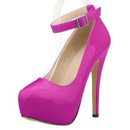 Women’s Patent Leather Stiletto Pumps – 14cm High Heels with Buckle Ankle Strap, Sexy Wedding & Fashion Shoes, Size 44