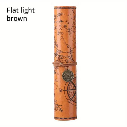 Creative Retro Leather Pencil Case – Large Capacity Roll-Up Bag with Embossed Treasure Map & Buckle Closure