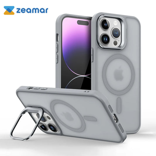 Magnetic Metal Lens Stand for iPhone 11–17 – MagSafe Compatible Matte Wireless Charging Case Holder