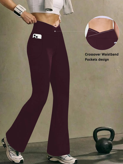 Women’s Super Soft High Waisted Flare Leggings – Crossover Waist Tummy Control Yoga Pants with Pockets Fitness Activewear