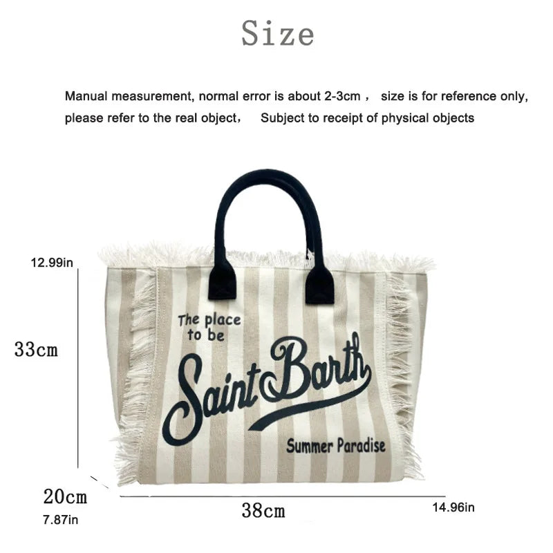 Saint Barth Large Capacity Women's Beach Handbag – European & American Style, Deep Blue Striped Tassel Tote