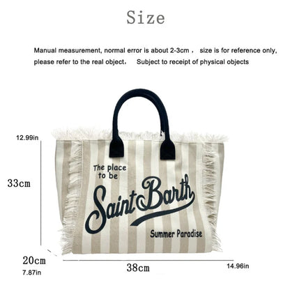 Saint Barth Large Capacity Women's Beach Handbag – European & American Style, Deep Blue Striped Tassel Tote