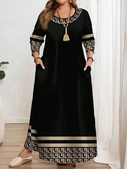 Plus-Size Women’s Ethnic Geometric Print Dress – Long Sleeve Round Neck Fashionable Maxi Dress