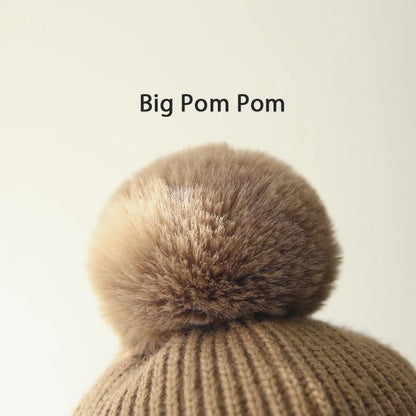 Winter Baby Beanie Hat with Pompom & Earflaps – Thick Wool Plush Knitted Cap for Girls & Boys, Ages 2-8T