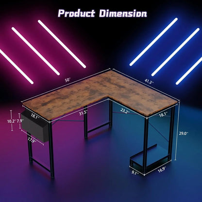 L-Shaped Computer Desk – Wooden Corner Gaming Table with Side Storage Bag for Home Office, Small Spaces, White