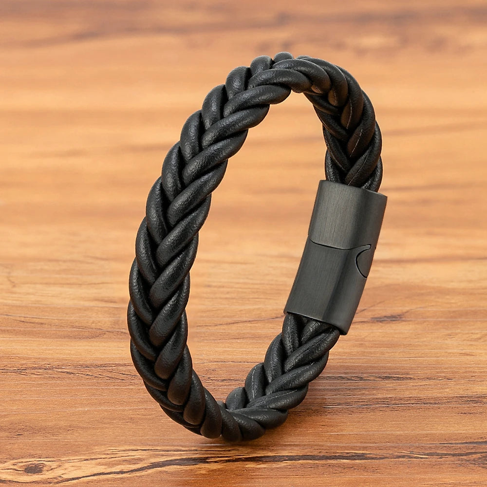 XQNI Braided Leather Bracelet - Stainless Steel Punk Charm Jewelry Gift for Men Husband Friend